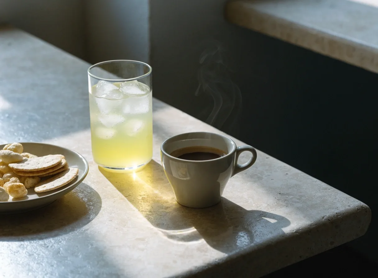 Espresso, domácí limonáda a malý talíř s občerstvením na světlém kamenném stole v kavárně