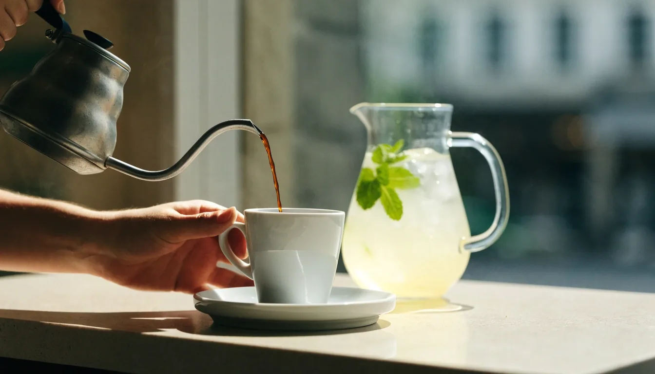 Espresso, domácí limonáda a malý chlebíček na kamenném pultu