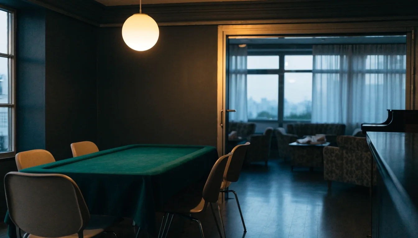 Pohled od prahu do odděleného pokerového salonku se stolem a jedním rozsvíceným závěsem