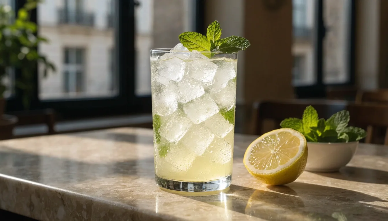 Řada sklenic s domácími limonádami — citronová, jablková s rozmarýnem, bezinková a okurka s mátou — na kamenném pultu