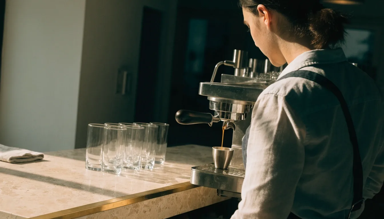 Barista u kamenného pultu připravuje kávu v ranním světle