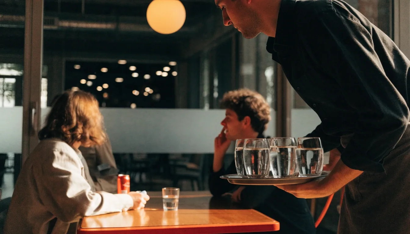 Klidný kout lounge kavárny v podvečeru s rozsvíceným závěsným světlem
